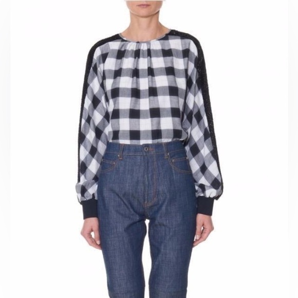NWT Tibi Plaid Crew Neck Top Black & White Oversize XS - Picture 2 of 12